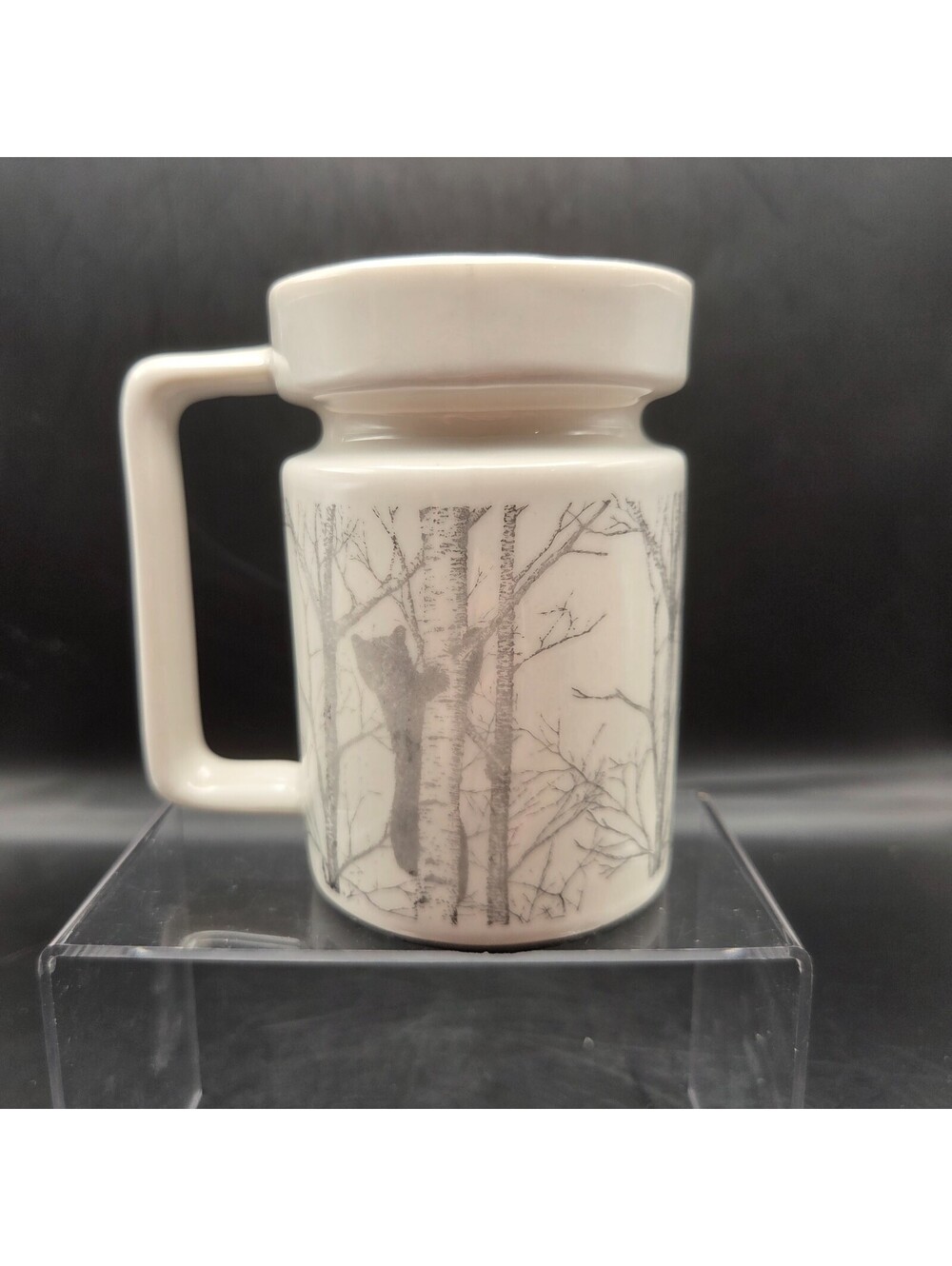 VINTAGE Milk Glass Mug Bear Climbing Tree Forest Scene Artist Signed 5in Tall